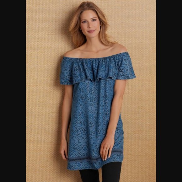 Soft Surroundings Tops - SOFT SURROUNDINGS | Off Shoulder Tencel Blue Ikat Print Ruffle Neck Dress Tunic